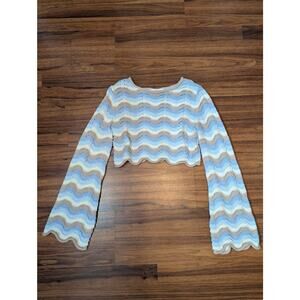 Willow & Wind Crochet Knit Bell Sleeve Cropped Sweater Medium Striped Coastal
